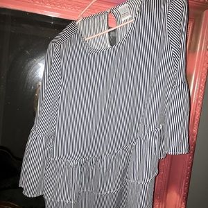 Pinstripe ruffled blouse keyhole cut out peplum
